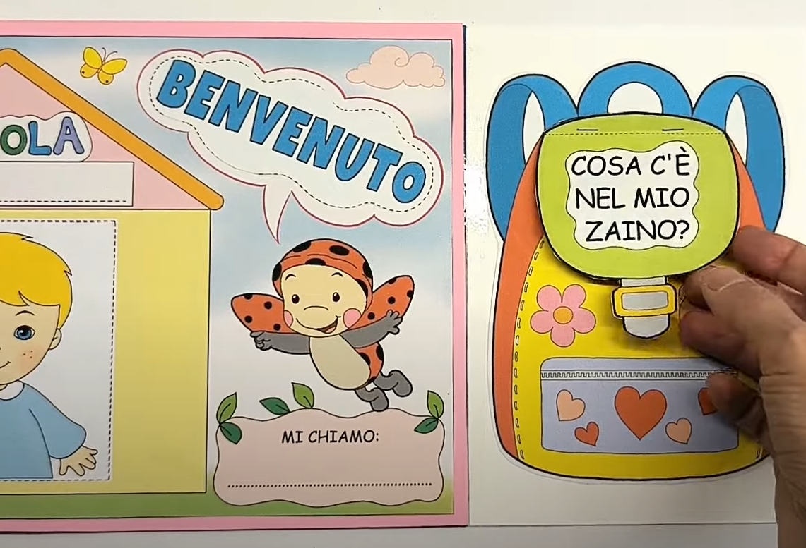 lapbook accoglienza benvenuto a scuola, autoritratto, cosa c'è nello zaino