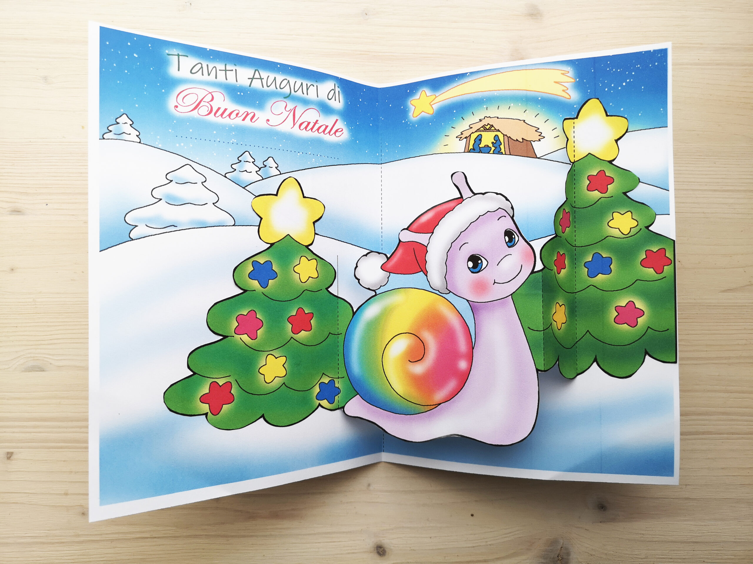 biglietto pop-up di natale chiocciolina arcobaleno